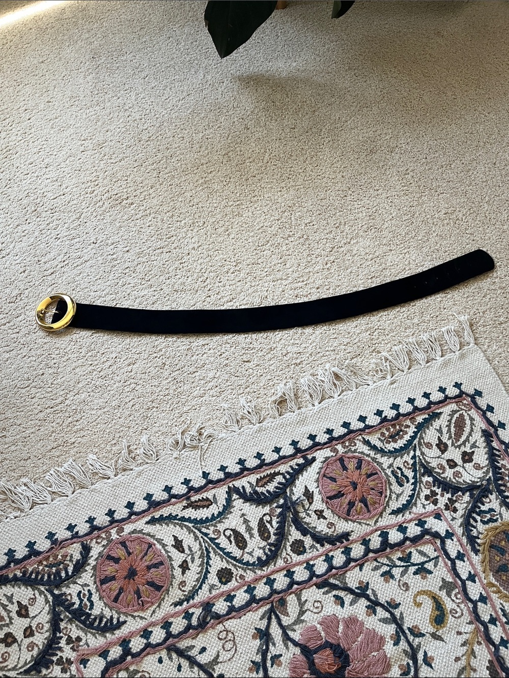St. John Black Suede Belt with Gold Ring Buckle 31”